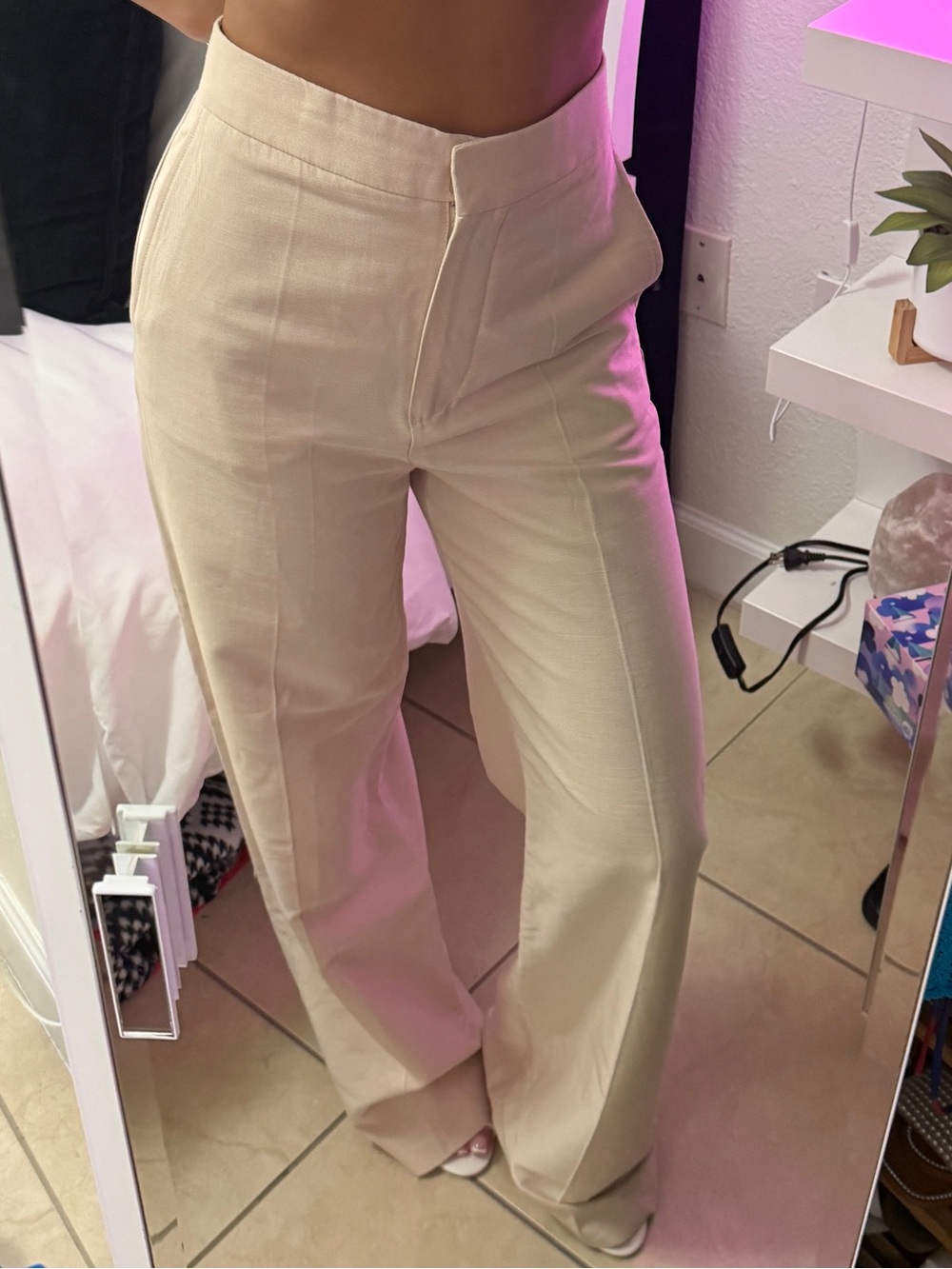 Mango Cream High-Waist Wide-Leg Trousers